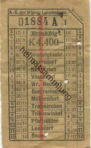 Österreich - Wien - A.-G. d. Wiener Localbahnen 20er Jahre - Philadelphiabr. - Baden - Fahrschein Ermäßigt K 4.400