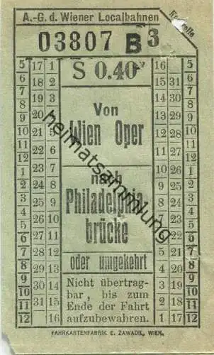 Österreich - Wien - A.-G. d. Wiener Localbahnen 20er Jahre - von Wien Oper nach Philadelphiabrücke oder umgekehrt - Fahr