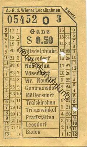 Österreich - Wien - A.-G. d. Wiener Localbahnen 20er Jahre - Philadelphiabr. - Baden - Fahrschein Ganz S 0.50