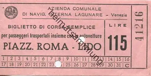 Italien - Azienda Comunale di navig. Interna Lagunare Venezia - Piazz. Roma - Lido - Fahrschein Lire 115