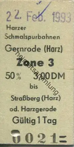 Deutschland - Harzer Schmalspurbahnen - Gernrode Strassberg oder Harzgerode  - Fahrkarte 1993
