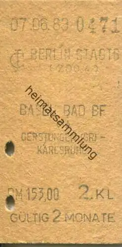 Deutschland - Berlin Stadtbahn (Zoo) Basel Bad Bf via Gerstungen Karlsruhe - Fahrkarte 1983