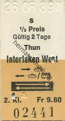 Schweiz - Thun Interlaken West und zurück - Fahrkarte 1989