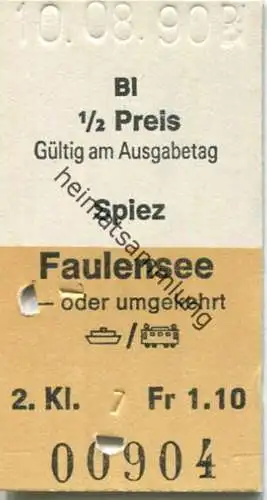 Schweiz - Spiez Faulensee oder umgekehrt - Fahrkarte 1990 1/2 Preis
