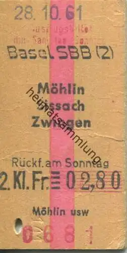 Schweiz - Ausflugsbillet - Basel SBB Möhlin Sissach Zwingen - Rückfahrt am Sonntag - Fahrkarte 1961