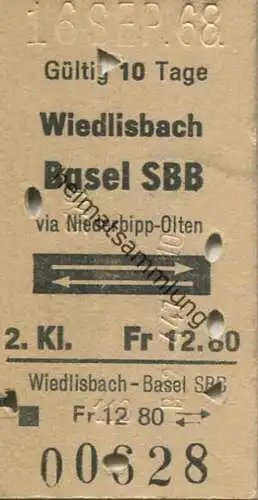 Schweiz - Wiedlisbach Basel SBB via Niederbipp-Olten - Fahrkarte 1968
