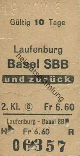 Schweiz - Laufenburg - Basel SBB und zurück - Fahrkarte 1961