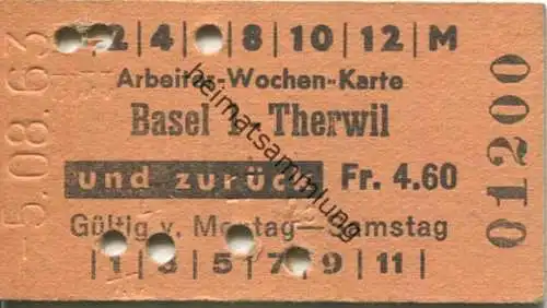 Schweiz - Arbeiter-Wochen-Karte - Basel 1 - Therwil und zurück - Fahrkarte 1963