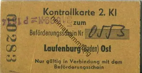 Deutschland - Kontrollkarte 2. Kl. zum Beförderungsschein Nr. 0553 - Laufenburg (Baden) Ost