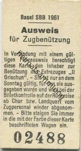 Schweiz - Ausweis für Zugbenützung - Extrazug Il Grischun - Rückseite: Fahrpreisermässigung für Luft- Gondel- Sesselbahn