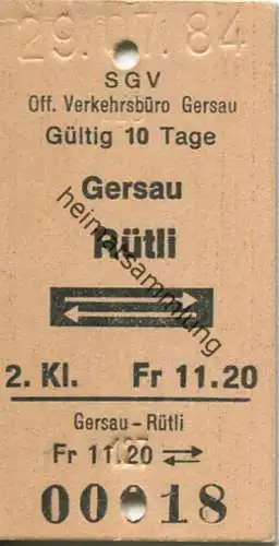 Schweiz - SGV Schifffahrtsgesellschaft des Vierwaldstättersees - Gersau Rüti und zurück - Fahrkarte 1984