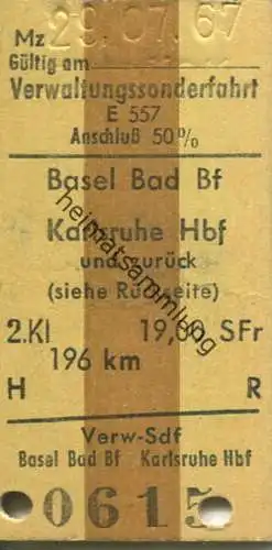 Deutschland - Schweiz - Verwaltungssonderfahrt - Basel Bad Bf. Karlsruhe Hbf. und zurück - Fahrkarte 19,00 SFr. 1967