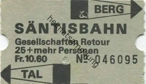 Schweiz - Säntisbahn - Fahrkarte Gesellschaften Retour 25+ und mehr Personen