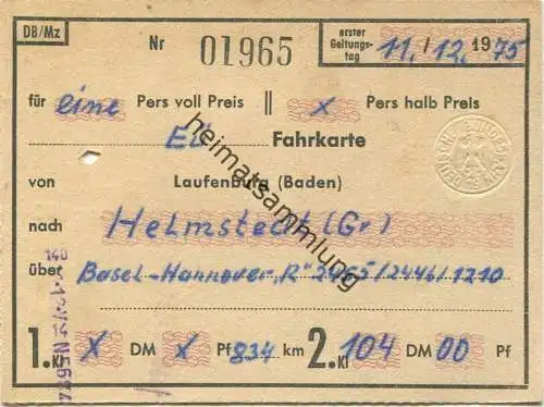 Deutschland - Laufenburg (Baden) nach Helmstedt über Basel Hannover - Fahrkarte 2. Klasse 1975