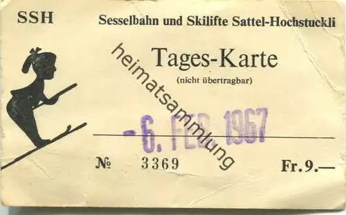 Schweiz - Sesselbahn und Skilifte Sattel-Hochstuckli - Tages-Karte 1967