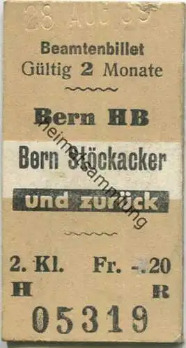 Schweiz - Beamtenbillet - Bern HB Bern Stöckacker und zurück - Fahrkarte 2. Kl. 1959