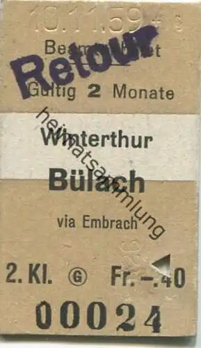 Schweiz - Beamtenbillet - Winterthur Bülach Stempel Retour - Fahrkarte 2. Kl. 1959