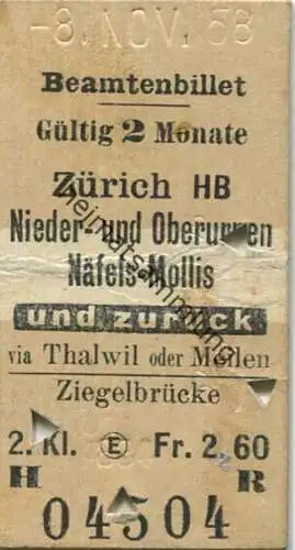 Schweiz - Beamtenbillet - Zürich HB Nieder- und Oberurnen Näfels-Mollis und zurück - Fahrkarte 2. Kl. 1958