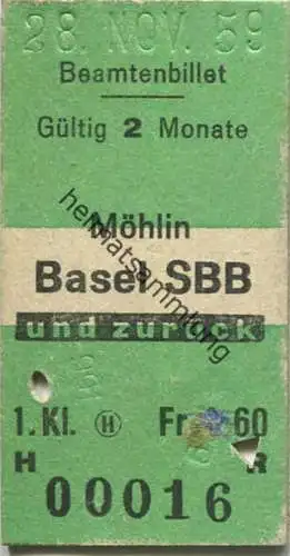Schweiz - Beamtenbillet - Möhlin Basel SBB und zurück - Fahrkarte 1. Klasse 1959