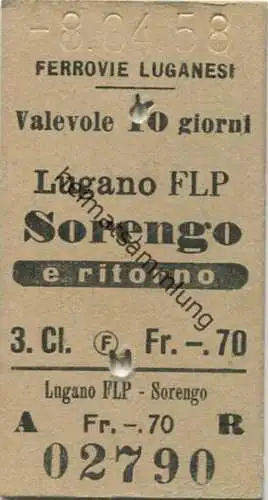 Schweiz - Ferrovie Luganesi - Lugano FLP Sorengo e ritorno - Fahrkarte 3. Cl. 1958