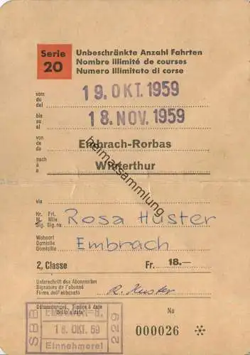 Schweiz - Schüler- und Lehrlingsabonnement Serie 20 - Uneingeschränkte Anzahl Fahrten 1959 - 2. Classe von Embrach-Rorba