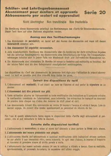 Schweiz - Schüler- und Lehrlingsabonnement Serie 20 - Uneingeschränkte Anzahl Fahrten 1959 - 2. Classe von Embrach-Rorba