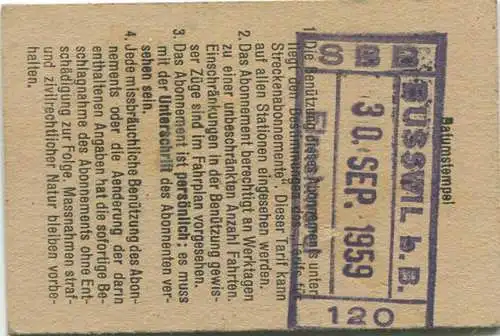 Schweiz - Persönliches Arbeiterabonnement - Busswil nach und von Biel/Bienne - Fahrkarte 2. Klasse 1959