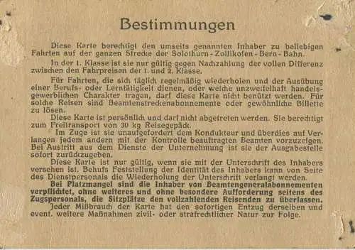 Schweiz - Solothurn-Zollikofen-Bern-Bahn 1957 - Beamtengeneralabonnement 2. Klasse für Frau ... des Rangiervorarbeiters