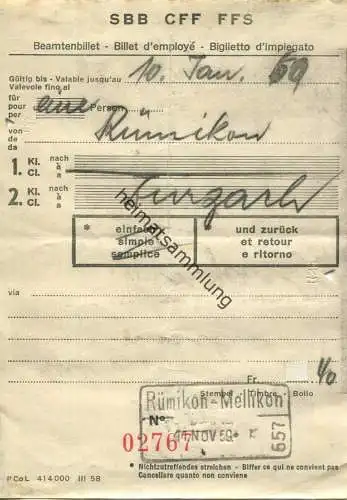 Schweiz - Beamtenbillet 1959 für eine Person von Rümikon nach Zurzach