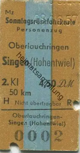 Deutschland - Sonntagsrückfahrkarte - Personenzug Oberlauchringen Singen (Hohentwiel) - Fahrkarte 2. Kl 1957