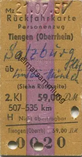 Deutschland - Rückfahrkarte - Personenzug Tiengen Salzburg über Lindau - Fahrkarte 2. Klasse 1957
