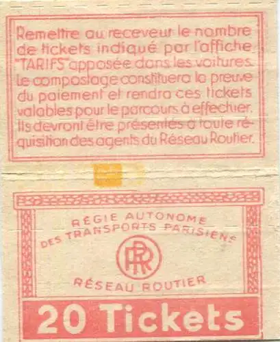 Frankreich - Fahrschein - Regie autonome des Transports Parisiens RR Reseau Routier