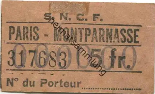 Frankreich - S.N.C.F. Paris - Montparnasse - Gepäckschein 5fr.