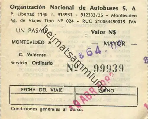 Uruguay - Montevideo 1983 - Organizacion Nacional de Autobuses S.A - Fahrschein N$ 64.00