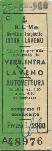 Italien - N.L.M. Navigazione Lago Maggiore - Servizia Traghetto Autovettura - Verb. Intra a Laveno - Fahrkarte L. 2900 1