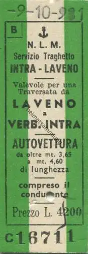 Italien - N.L.M. Navigazione Lago Maggiore - Servizia Traghetto Autovettura - Laveno a Verb. Intra - Fahrkarte L. 4200 1