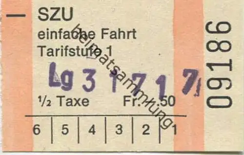 Schweiz - SZU Sihltal-Zürich-Uetliberg-Bahn - 1/2 Taxe Fahrschein Fr. -.50