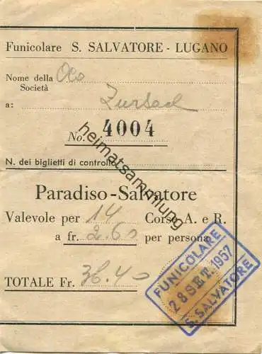Schweiz - Funicolare S. Salvatore Lugano - Sammelfahrschein für 14 Personen 1957