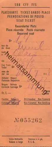 Schweiz - SBB CFF FFS - Platzkarte von Zürich nach Calais 1948