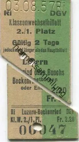 Schweiz - Klassenwechselbillett 2./1. Platz - Luzern Beckenried oder Ennetbürgen - 2 halbe Fahrkarten 1957
