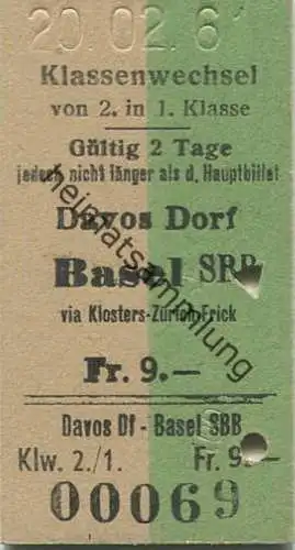 Schweiz - Klassenwechsel von 2. in 1. Klasse Davos Dorf Basel SBB via Klosters Zürich Frick - Fahrkarte 1961