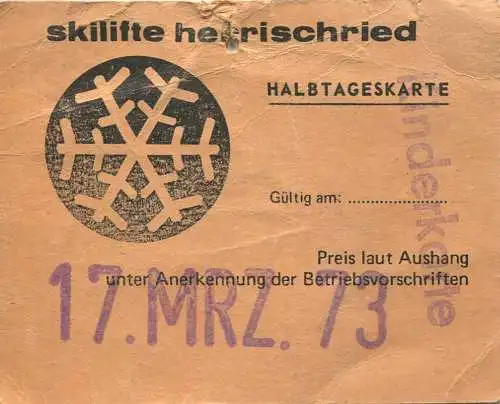 Deutschland - Skilifte Herrischried - Halbtageskarte für Kinder 1973