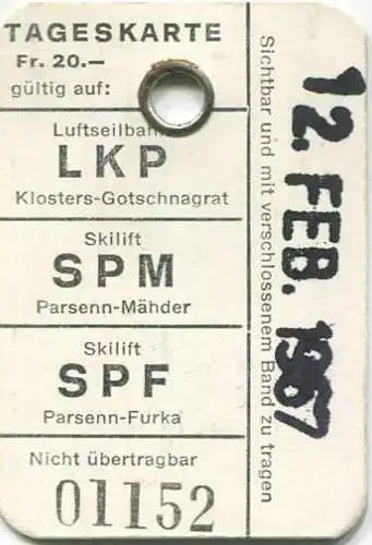 Schweiz - Tageskarte - Luftseilbahn - Skilift - LKP SPM SPF 1967