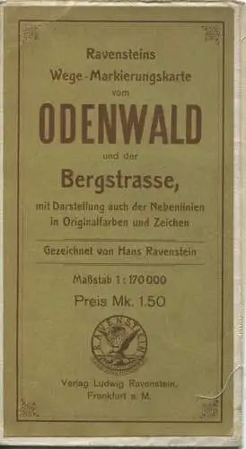 Ravensteins Wege- und Markierungskarte vom Odenwald und der Bergstrasse mit Darstellung auch der Nebenlinien in Original