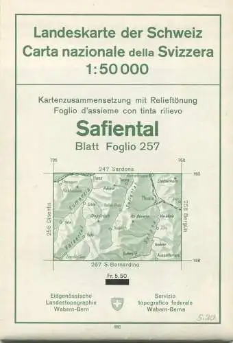 Landeskarte der Schweiz 1:50 000 - Safiental Blatt 257 - Eidgenössische Landestopographie Bern 1960 - mit Relieftönung