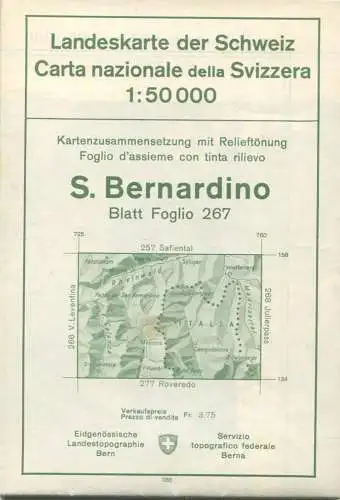 Landeskarte der Schweiz 1:50 000 - S. Bernardino Blatt 267 - Eidgenössische Landestopographie Bern 1956 - mit Relieftönu