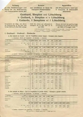 Bestimmungen und Taxen - Beförderung von Automobilen durch den Gotthard- Simplon- und Lötschbergtunnel 1929 - 2 DINA4 Se