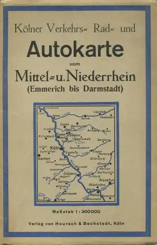 Kölner Verkehrs- Rad- und Autokarte vom Mittel- und Niederrhein (Emmerich bis Darmstadt) 30er Jahre - 68cm x 86cm - Maßs
