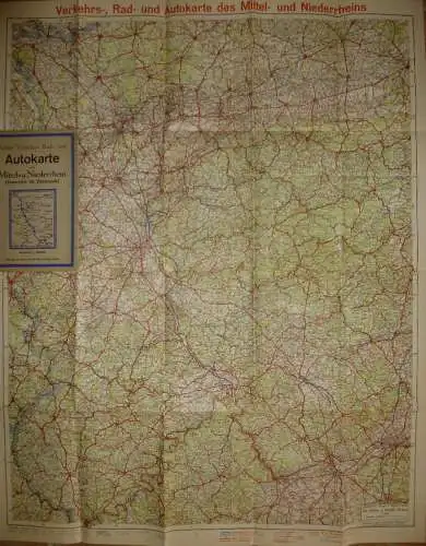 Kölner Verkehrs- Rad- und Autokarte vom Mittel- und Niederrhein (Emmerich bis Darmstadt) 30er Jahre - 68cm x 86cm - Maßs