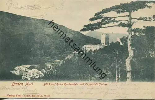 Baden - Blick auf Ruine Rauhenstein und Curanstalt Sacher - Verlag Ferd. Mohr Baden gel. 1903